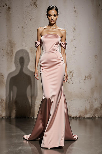 Mermaid Off The Shoulder Light Pink Satin Maxi Evening Dress